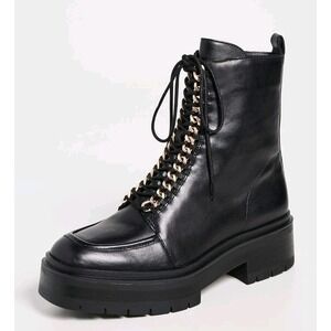 Sam Edelman Black Leather Gold Chain Chunky Lace Up Lovrin Ankle Boots Size 8M